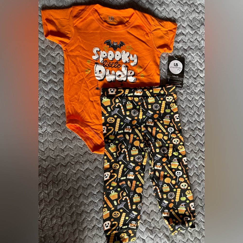 Unique Baby Halloween Outfit – “Spooky Little Dude” Bodysuit & Pants (12M) 🎃🕷️